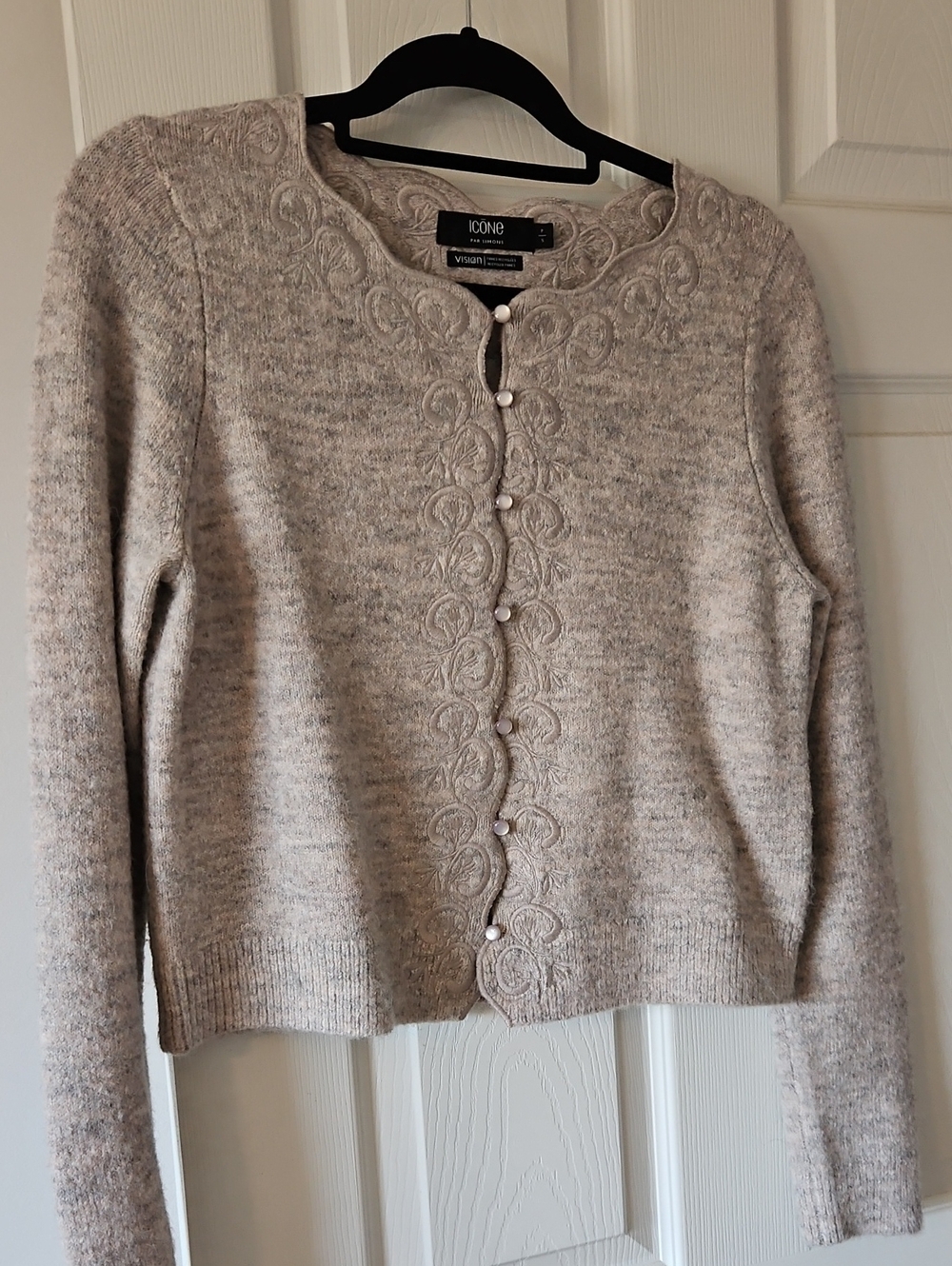ICON Light Beige Embroidered Pearl-Button Cardigan